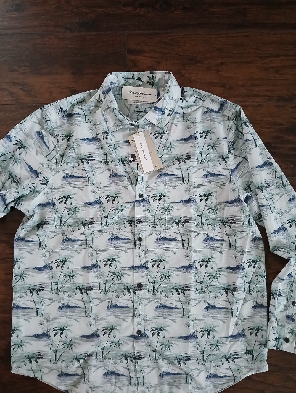Tommy Bahama White Button-Down Shirt with Green and Blue Palm Print